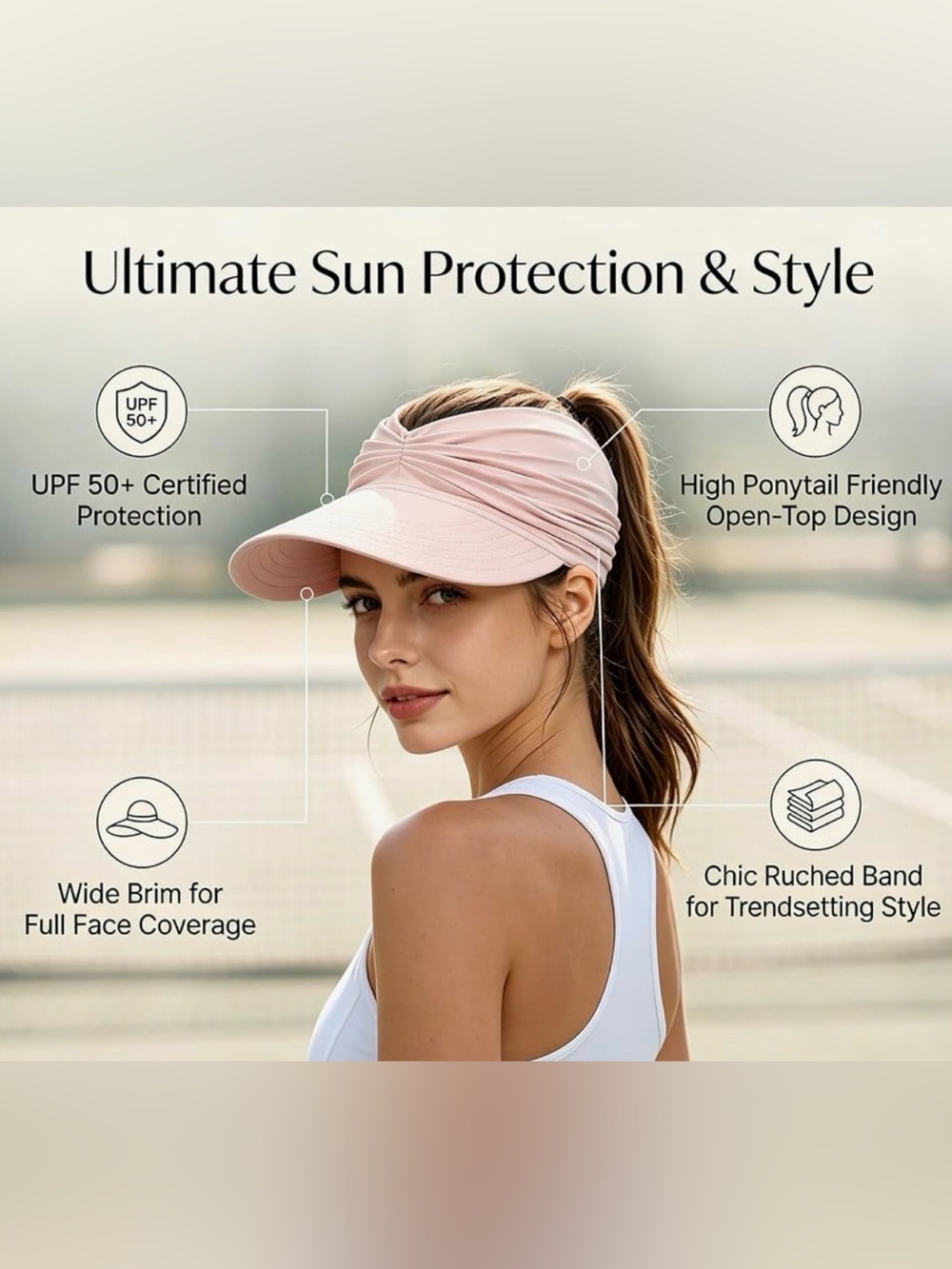Women's PINK UPF 50+ UV Protection Sun Visor Hat,Wide Brim  Foldable Ponytail